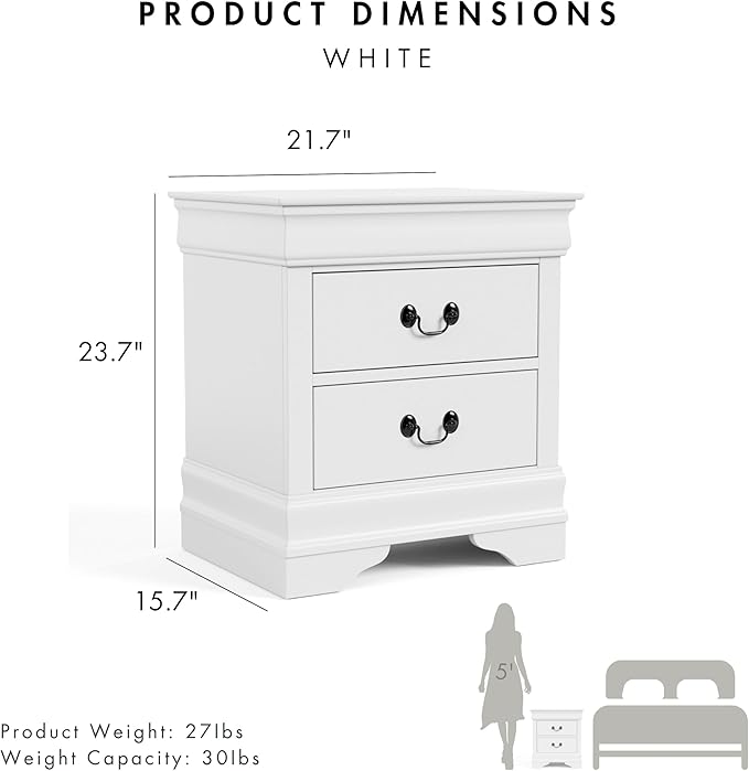 Furniture of America Arabella Traditional Solid Wood Nightstand with Drawers and Antique Nickle Handles, Small Bedside Table, No Assembly Wooden Night Stand for Bedroom, Guest Room, Dorm, White