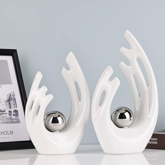 XMGZQ White Ceramic Abstract Statues and Sculptures,White and Sliver Art Ceramic Statues,Modern Home Decor for Living Room,Dining Table, Coffee Table,Shelf, Entrance,Home Desktop Sculpture Home Decor