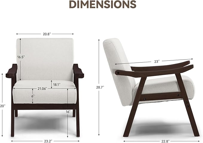 COMHOMA Accent Chair, Mid Century Modern Chair with Solid Wood Armrest, Comfy Upholstered Reading Armchair for Living Room, Bedroom, Balcony (Brown Curved Armrests, Beige)