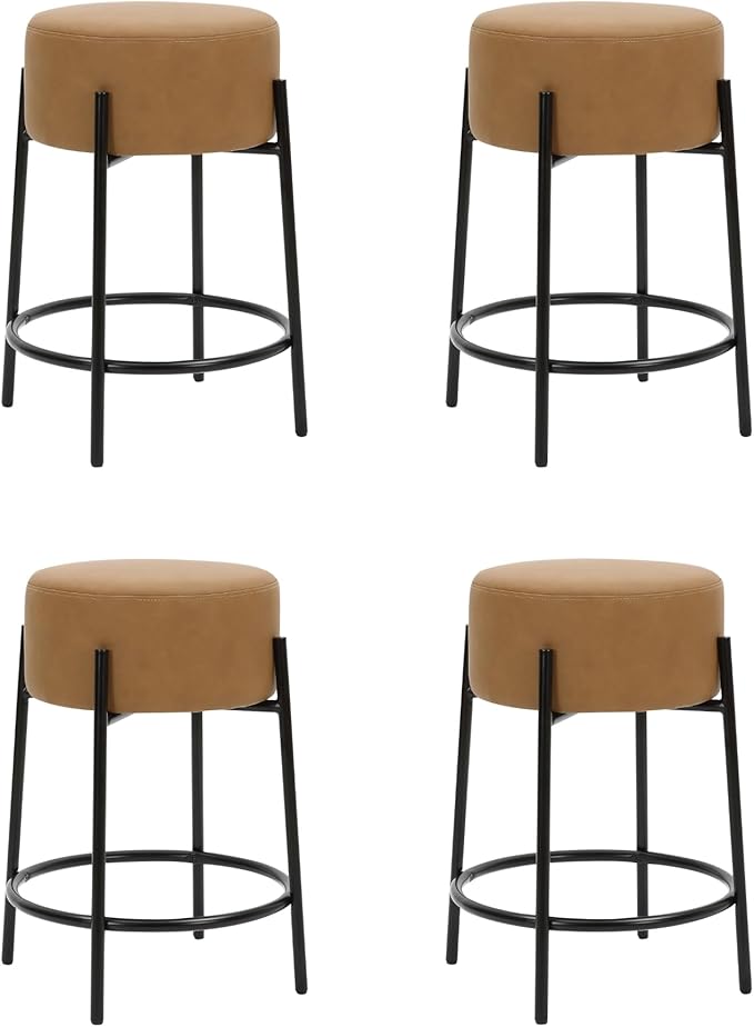 Nathan James Isaac 24" Modern Backless Bar Stool with Round Soft Padded Upholstered Seat and Metal Mid-Century Base, PU Light Brown/Black, Set of 4