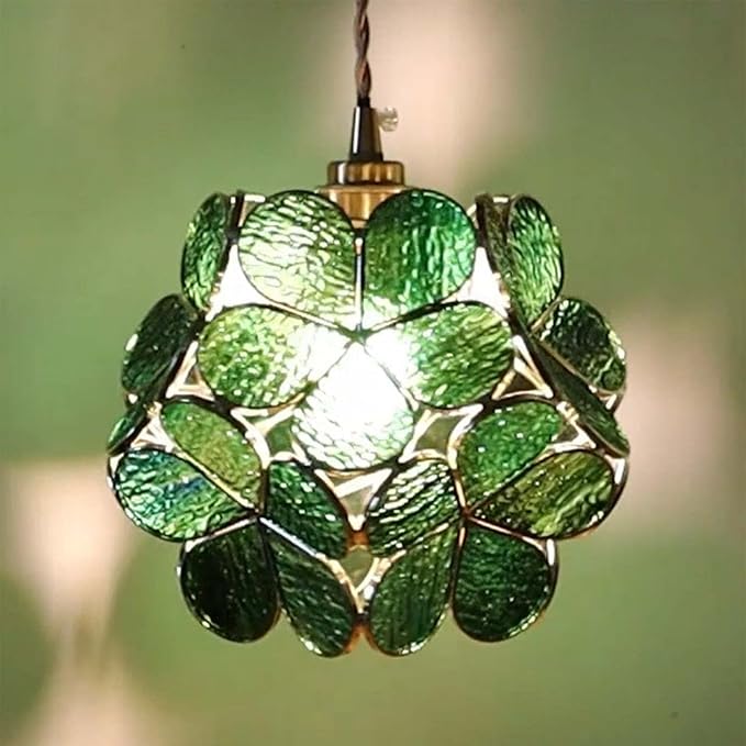 Bieye L10877 Petals Tiffany Style Stained Glass Ceiling Pendant Light with 8-inch Wide Lampshade (Textured Deep Green, 8" Cherry Blossom)