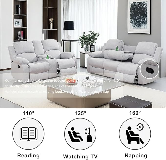 Living Room Furniture Sets 2PCS Fabric Recliner Sofa Set Modern Loveseat Couch Set Manual Reclining Sofa Set with Cup Holders/Storage Console for Living Room/Rv Car (Grey White, Sofa+Loveseat)