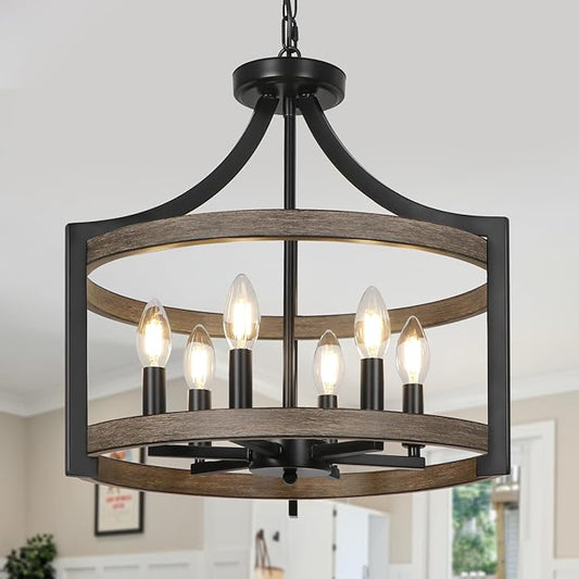 6-Light Farmhouse Chandelier, Rustic Semi Flush Mount Ceiling Light Modern Faux Wood Black Vintage Cage Hanging Pendant Light Fixture for Dining Room Kitchen Foyer Hallway Entryway Bedroom
