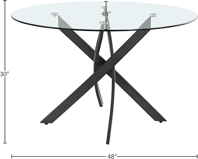 Meridian Furniture 986-T Xander Collection Modern | Contemporary Dining Table with Matte Black Metal Base, 48" Round Tempered Glass Top, 10MM Glass Thickness, 48" W x 48" D x 30" H, Black