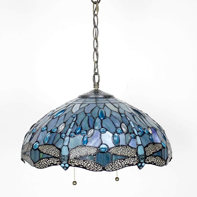 WERFACTORY Tiffany Pendant Light Fixture Sea Blue Stained Glass Dragonfly Hanging Lamp Wide 16 Inch, Height 40 Inch S147 Series