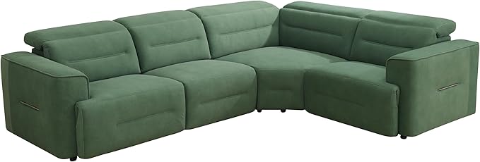 Power Recliner Sectional Sofa, L-Shaped Living Room Furniture Set, Green Flannel Sectional Sofa, Reclining Sectional Couch for Living Room/House/Apt (Green, 4 Seater)