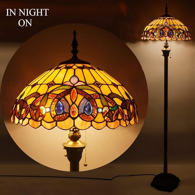 WERFACTORY Tiffany Floor Lamp Serenity Victorian Stained Glass Standing Reading Light 16X16X64 Inches Antique Pole Corner Lamp Decor Bedroom Living Room Home Office S021 Series