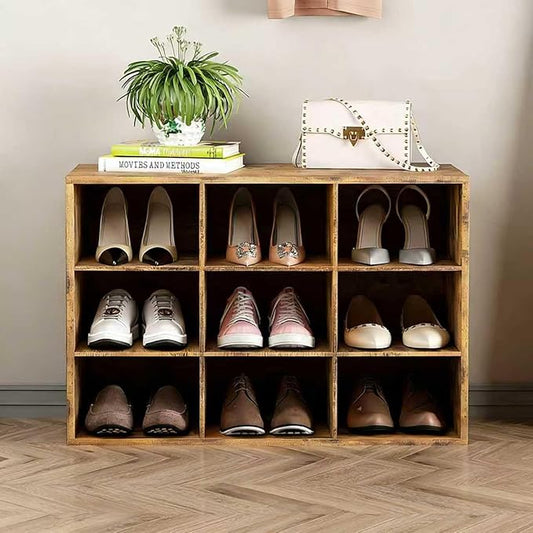 9-Cubby Shoe Rack, 3-Tier Wood Shoe Organizer, Multifunctional Shoe Organizer Bench for Entryway, Mudroom, Hallway, Closet,27.5 * 11.81 * 17.72 Inch,Brown