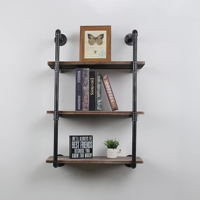 MBQQ Industrial Pipe Shelving Wall Mounted,24in Rustic Metal Floating Shelves,Steampunk Real Wood Book Shelves,Wall Shelf Unit Bookshelf Hanging Wall Shelves,Farmhouse Kitchen Bar Shelving(3 Tier)