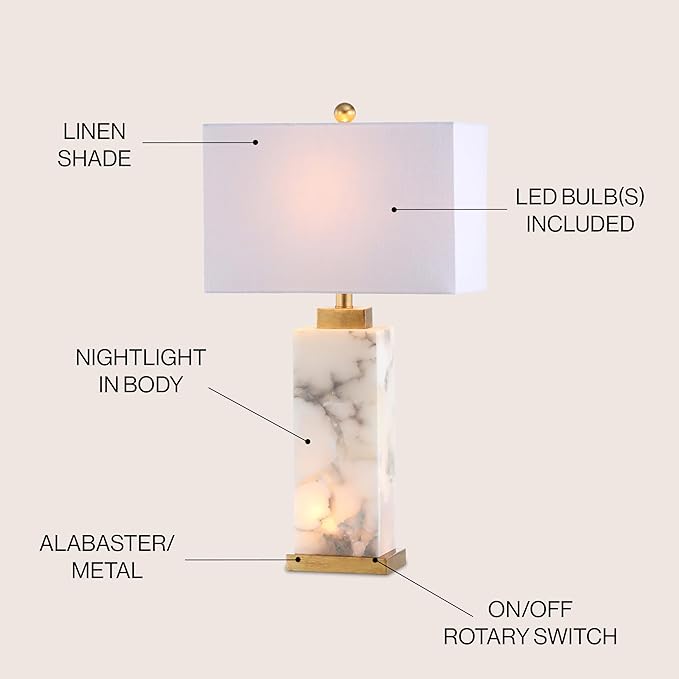 JONATHAN Y 27.5" White/Gold Modern Alabaster LED Table Lamp for Home Decor, White Linen Shade, Coastal Nightstand Lamp with Built-in Base Accent Light JYL6201A