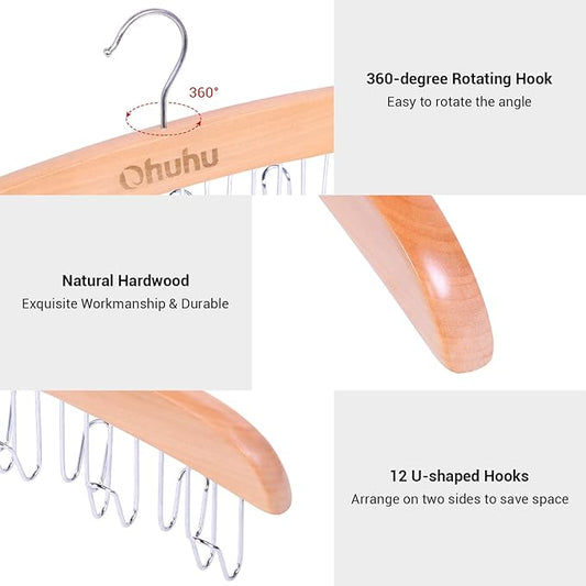 Belt Hanger Organizer for Closet: Ohuhu 2 Pack 12 Hooks Max 36 Belts Tie Rack Wooden Belt Holder for Storage 360 Degree Rotating Space Saver Organizer for Men Women Belt Tie Scarf-Burlywood