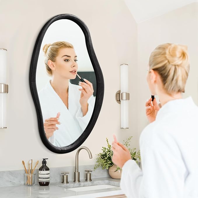 JJUUYOU Irregular Wall Mirror Black Asymmetrical Wooden Mirror 30"x18" Large Home Decorative Wall Mounted Vanity Mirrors for Bathroom Dressing Room Living Room