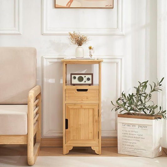 Fully Assembled 30" High Bamboo End Side Table, Preassembled Bathroom Floor Cabinet, Tall Nightstand for Bedroom