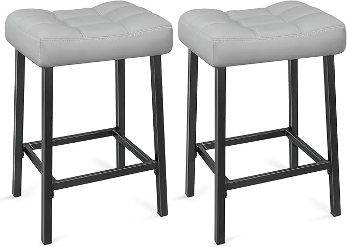 Bar Stools Set of 2, 24 Inch Backless Saddle Bar Stools, Double Needle Upholstered Padded Saddle Metal Stools for Kitchen Counter, Light Grey