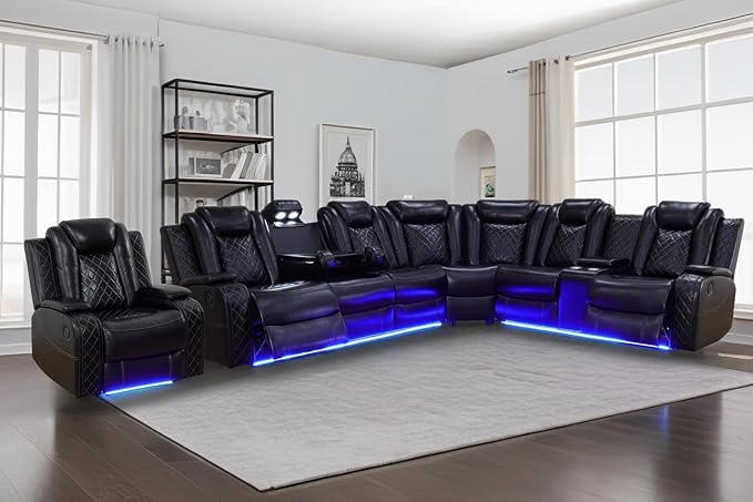 A Ainehome Living Room Furniture Power Recliner Sofa, Breathing Leather Power Reclining Sofa Set, Sectional Reclining Couch with Storage Console for Living Room/Guest Room(A-Black)