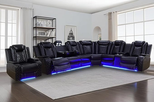 A Ainehome Living Room Furniture Power Recliner Sofa, Breathing Leather Power Reclining Sofa Set, Sectional Reclining Couch with Storage Console for Living Room/Guest Room(A-Black)