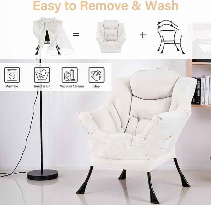 Lazy Chair for Living Room, Modern Accent Chairs with Armrests, Beige Armchairs with Side Pocket, Cozy Lazy Sofa for Reading, Balcony, Bedroom, Dorm, Small Spaces