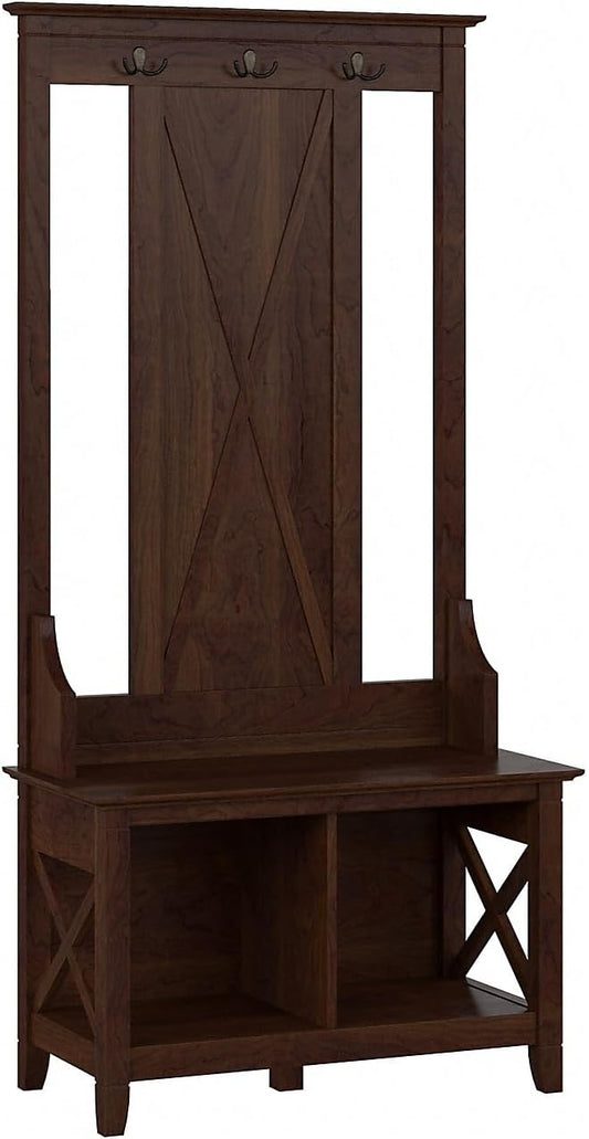 Bush Home Key West Hall Tree with Shoe Storage Bench in Bing Cherry, Entryway Organizer for Home, Multi-Purpose Storage Solution with Seating and Hooks
