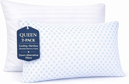 Nestl Cooling Memory Foam Pillow with Down Alternative Pillows Combo Set - Queen Size Set of 2, 1 Soft and 1 Firm, Adjustable for Side, Back, Stomach Sleepers, Breathable Washable Bed Cover, 20”x30”