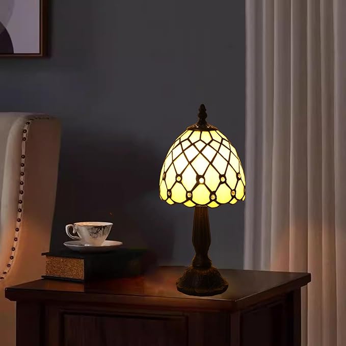 Small Tiffany Style Table Lamp,3 Color Temperature Beads Light Gold Stained Glass Table Lamps for Living Dining Room,Bedroom,Bedside Nightstand Night Light+LED E12 Bulb,6X6X13Inch