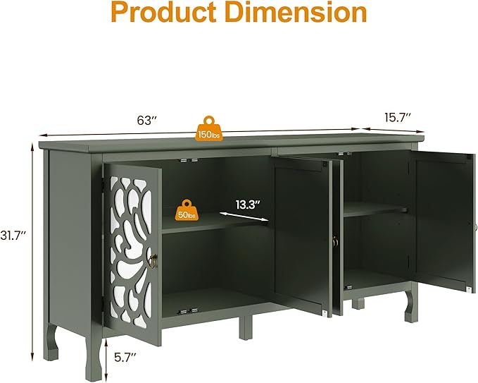 63" Carved Buffet Cabinet with Mirrored Door, Modern Console Table with Storage and Adjustable Shelves, Wood Media Sideboard for Entryway, Living Room, Bedroom, Dining Room, Bathroom (Green)