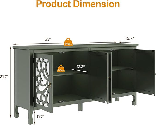 63" Carved Buffet Cabinet with Mirrored Door, Modern Console Table with Storage and Adjustable Shelves, Wood Media Sideboard for Entryway, Living Room, Bedroom, Dining Room, Bathroom (Green)