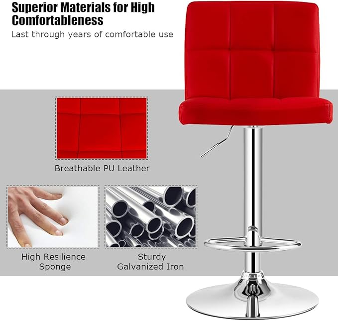 COSTWAY Adjustable Bar Stools Set of 4, Modern Swivel PU Leather Bar Chair with Backrest, Soft Cushioned Seat, Footrest, Sturdy Metal Frame, Comfortable Barstools for Kitchen Island, Pub, Red