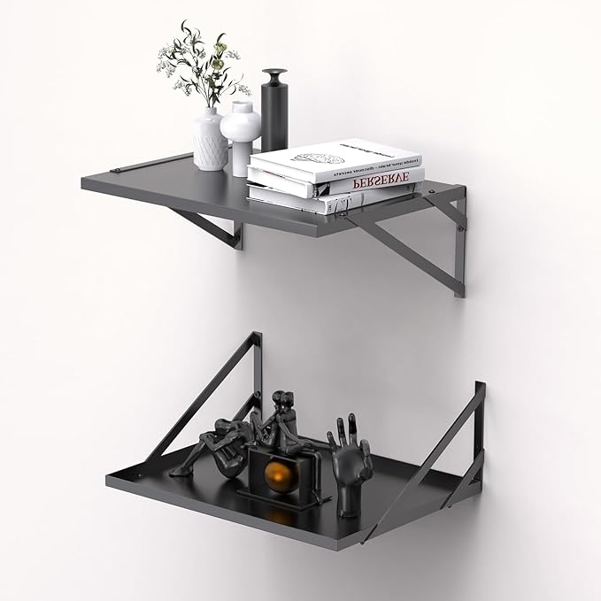 Black Deep Floating Shelves for Wall, 16W x 12D Metal Floating Shelves Set of 2, Wide Floating Bookshelves for Living Room, Kitchen, Office, Bedroom and Decor Storage