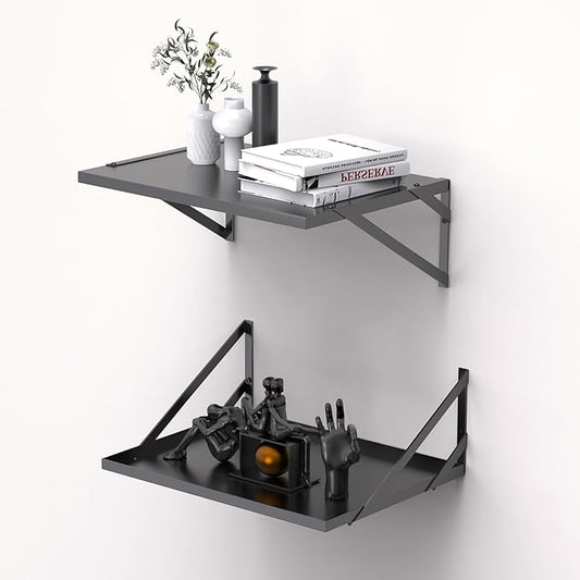 Black Deep Floating Shelves for Wall, 16W x 12D Metal Floating Shelves Set of 2, Wide Floating Bookshelves for Living Room, Kitchen, Office, Bedroom and Decor Storage
