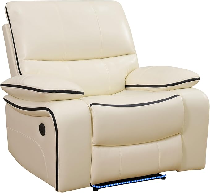 Power Recliner Chair for Living Room, Air Leather Reclining Chair with LED Lighting&USB for RV (Off White)
