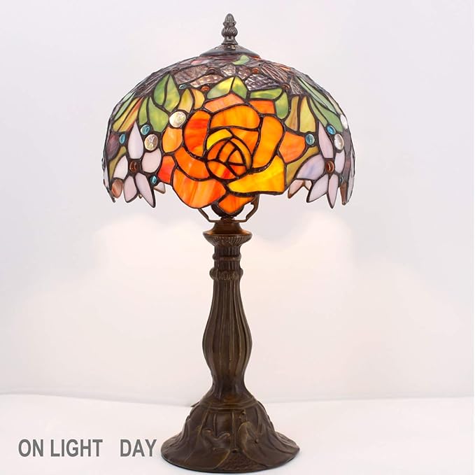 WERFACTORY Tiffany Style Table Lamp Stained Glass Bedside Lamp Red Rose Desk Reading Light 10X10X18 Inches Decor Bedroom Living Room Home Office S001 Series