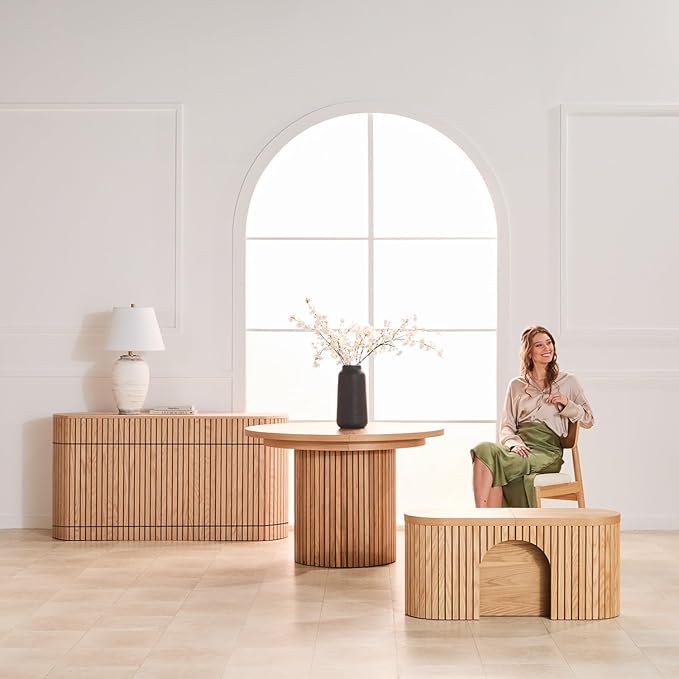 Transformer Table - Solid Wood Extendable Round Dining Table Set with Bench and Sideboard Storage, Seats 4-10, Expandable Round Dining Set, Natural (Table + Bench + Sideboard)