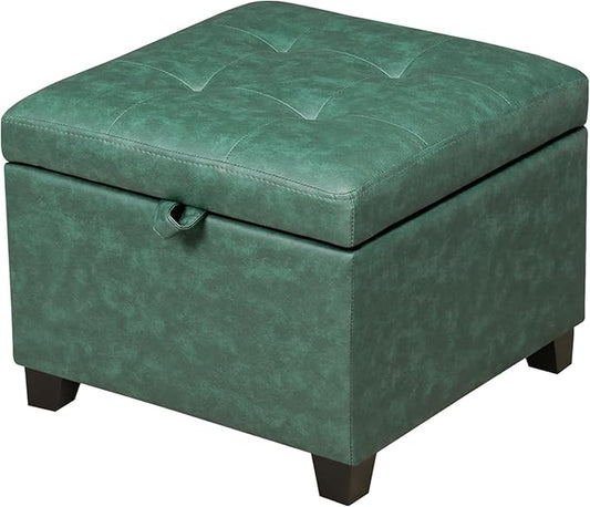 Adeco Faux Leather Storage Ottoman, 14-inch Square Cube Footrest Stool for Living Room & Bedroom, Upholstered Vanity Seat with Solid Wood Legs and Hinged Lid, Dark Green