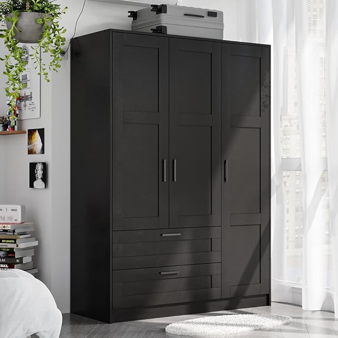 Wood Wardrobe Closet with 3 Doors and 2 Drawer，Bedroom Freestanding Armoire Storage Cabinet with Shelves，Wooden Wardrobe Combination for Hanging Clothes