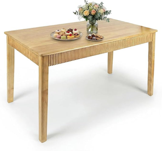 55" Solid Wood Dining Room Table for 4-6,Modern Farmhouse Rectangular Kitchen Real Wooden Table,Mid Century Fluted Design Large Furniture Desk for Home,Apartment,Living Room Nature