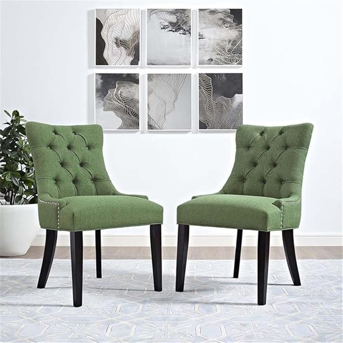 Modway Regent Modern Tufted Upholstered Fabric Two Dining Chairs with Nailhead Trim in Green