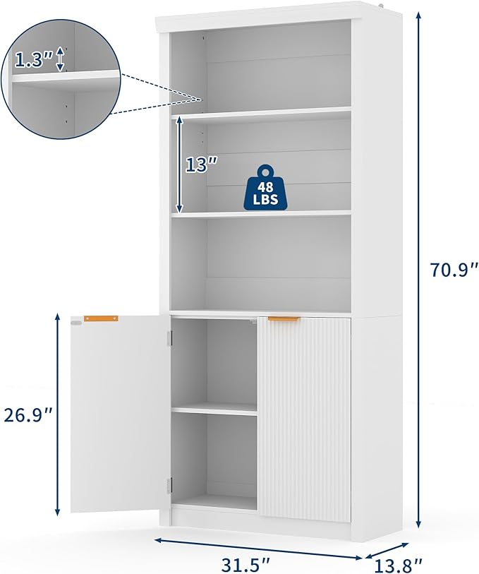Garvee Tall Book Shelf and Bookcase, Wooden Bookcase with Doors, Modern Book Case with Large Storage Cabinet, 5-Shelf Bookcases with Adjustable top Shelve for Home Office, Living Room, 2 Set White