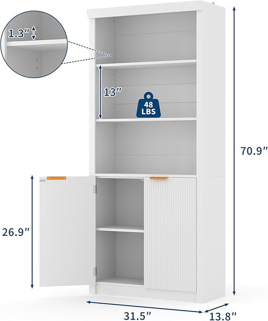 Garvee Tall Book Shelf and Bookcase, Wooden Bookcase with Doors, Modern Book Case with Large Storage Cabinet, 5-Shelf Bookcases with Adjustable top Shelve for Home Office, Living Room, 2 Set White