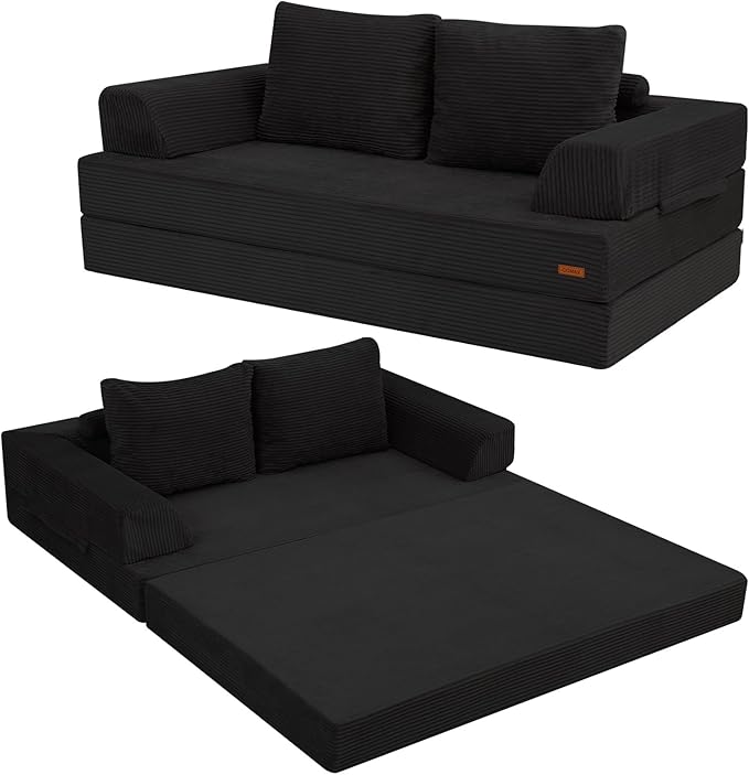 COMAX Futon Sofa Bed, Convertible Folding Sofa Bed, Boneless Couch Loveseat Corduroy with Pillows, Small Foldable Floor Couch Comfy Lounge Sleeper for Living Room Bedroom, Black