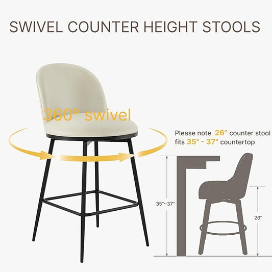 Swivel Bar Stools Set of 4, 26" H Upholstered Faux Leather Barstools with Backs,Counter Height Stools with Metal Legs for Kitchen Island,Cream,2 Box