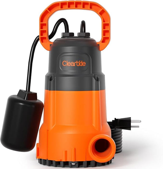 Cleartide Submersible Sump Pump with Tethered Float Switch, 1/3 HP Utility Water Pump,100% Copper Motor, Electric Drain Pump Handles 3/8" Solids, 10 FT Cord