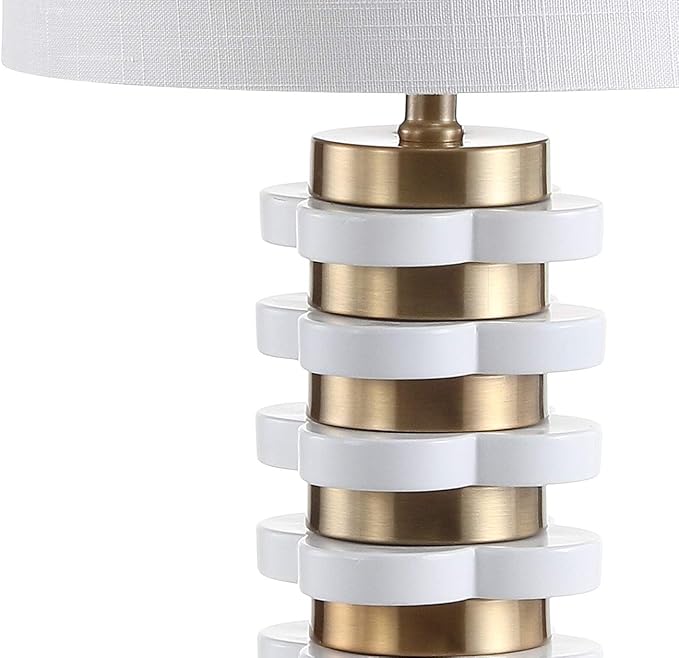 JONATHAN Y 26.5" Brass Gold Quatrefoil Striped Resin LED Table Lamp, Contemporary Glam Bedside Lamp for Living Room Bedroom, White Linen Drum Shade, LED Bulb Included JYL1010A
