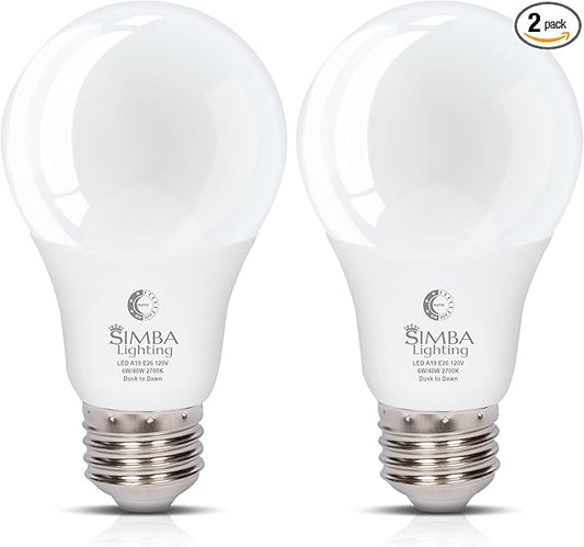 Simba Lighting LED Outdoor Light Bulbs with Photocell Sensor Dusk to Dawn Smart Auto On and Off (2 Pack) A19 6W 40W Replacement for Porch, Night Light, Garage Door, E26 Medium Base, 2700K Warm White