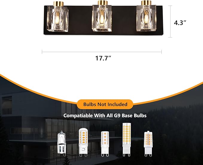 Modern Crystal Vanity Lights,3 Light Bathroom Vanity Light fixtures,Black and Gold Bathroom Lights Over Mirror,Wall Sconces Light for Bathroom,Hallway Bedside Stairway