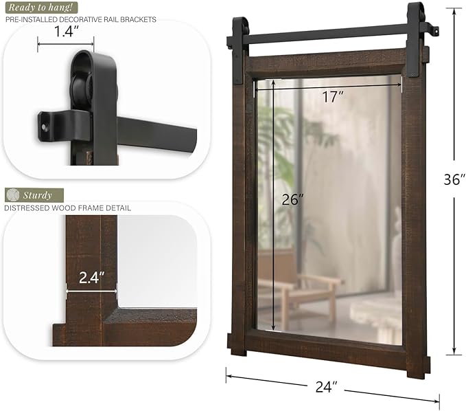 Besdomus Bathroom Rustic Wall Mirror: 24"x36" Brown Barn Door Farmhouse Solid Cedar Wood Frame - Wall Mounted Mirror for Entryway/Hallway/Bathroom - Home Decor for Modern Farmhouse Enthusiasts