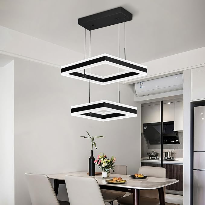 Modern Black Chandelier Foyer Ceiling Chandeliers 65W Dimmable LED Pendant Light Dining Room Light Fixture 2 Rings Square Chandelier for Kitchen Island Living Room Bedroom Hallway
