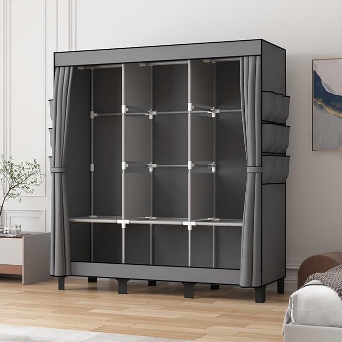 Portable Closet, 51.18" Large Capacity Clothing Storage Organizer with 3 Hanging Rods 6 Shelves 18 Side Pockets, Dustproof Sturdy Wardrobe for Bedroom Dorm Rental Apartment(Grey, Large)