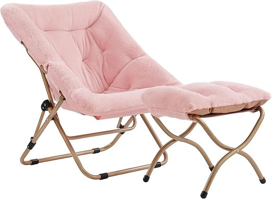 Tiita Folded Chair with Ottoman, Soft Faux Fur Oversized Folding Accent Chair,Lazy Chair, Metal Frame Moon Chair for Bedroom, Living Room, Dorm Rooms, Garden and Courtyard