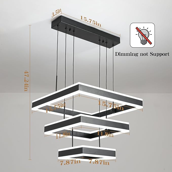 O'NEELDY LED Pendant Light Fixture, 20.47'' Modern Chandelier Square Rings Adjustable Height Black Pendant Lighting 3 Lights Kitchen Island Chandeliers for Dining Room, 6000K
