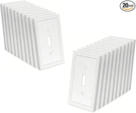 20 Pack Mid-Size Toggle Light Switch Wall Plates 1-Gang Switch Electrical Cover Plate Unbreakable Thermoplastic Faceplate, Classic Beaded Relief Design, White